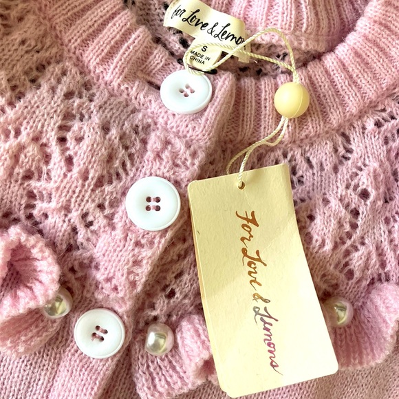 FOR LOVE & LEMONS π Pink Puff Sleeve Pearl Button-Up Cardigan Sweater Top - Picture 4 of 6